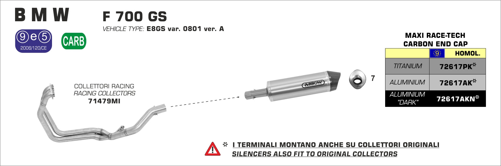 72617AKN ESCAPE ARROW RACE-TECH SILENCER BMW F700 GS 12/16 -