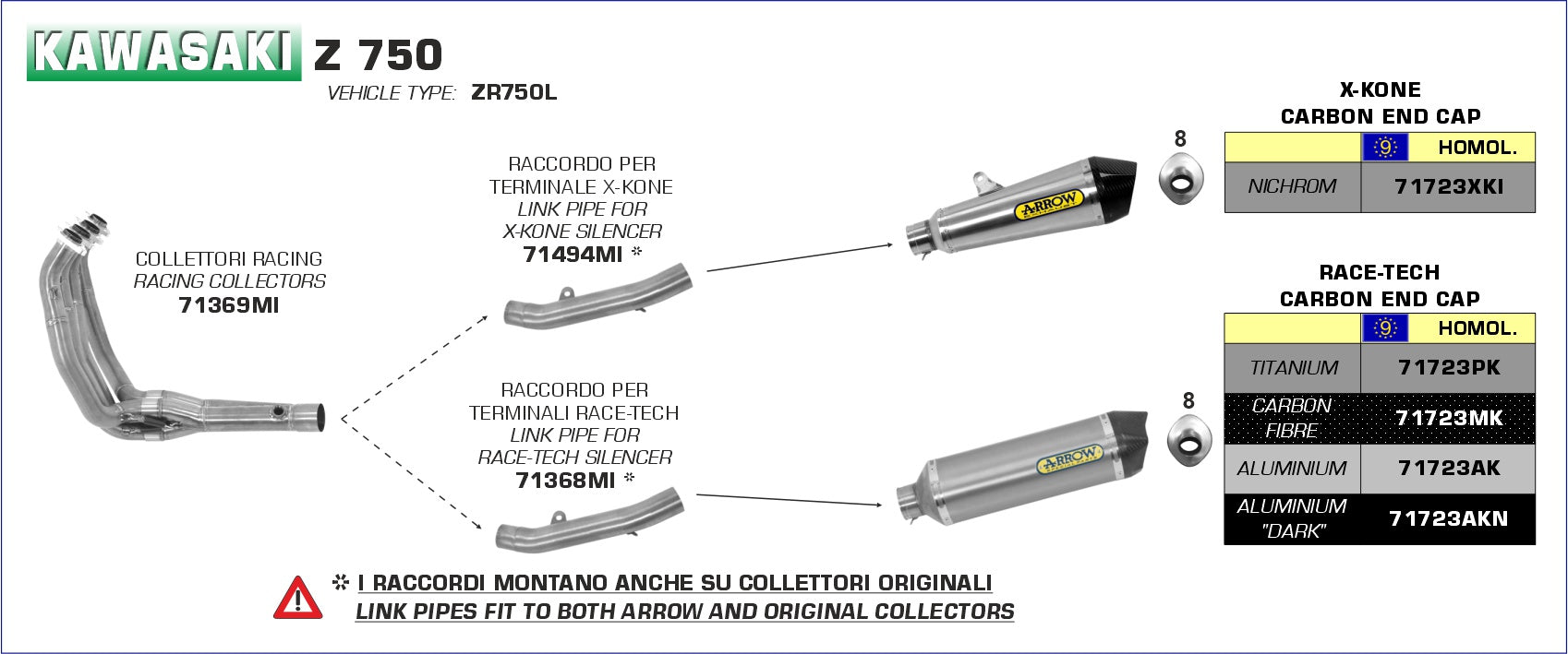 71723PK SILENCIOSO ARROW RACE-TECH TITANIUM KAWASAKI Z750/800 07/11 -
