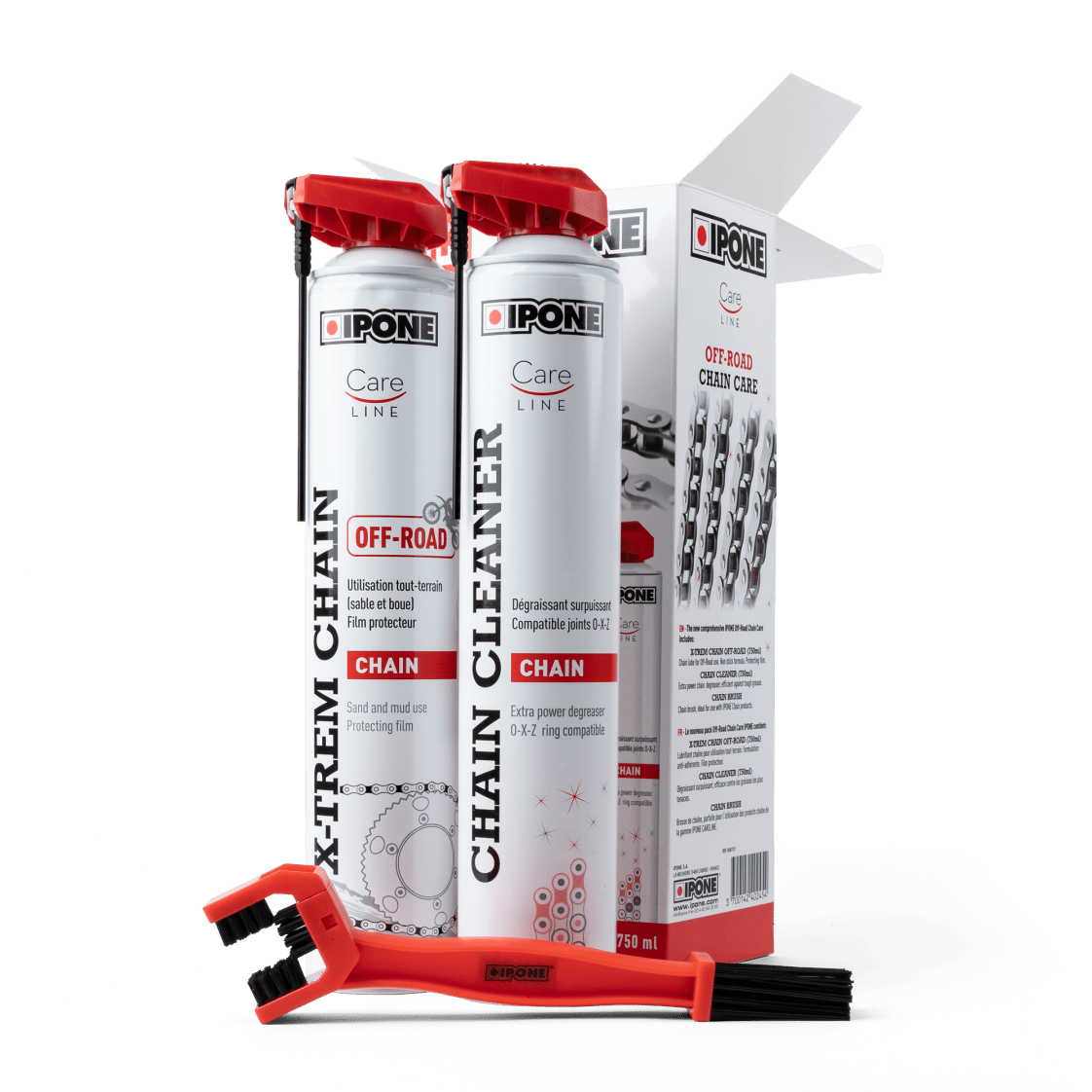 KIT TRATAMENTO CORRENTE IPONE 1 SPRAY CHAIN OFFROAD+1 SPRAY CLEAN 750ML + ESCOVA -800737