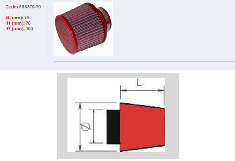 BMC FILTER AIR SLEEVE Ø70