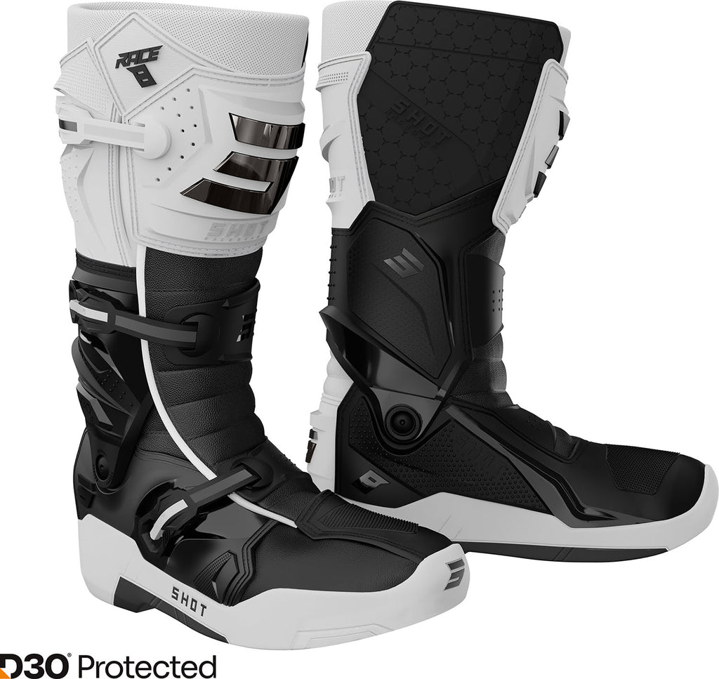 Botas RACE 8 Brancas / Pretas / Cromadas SHOT