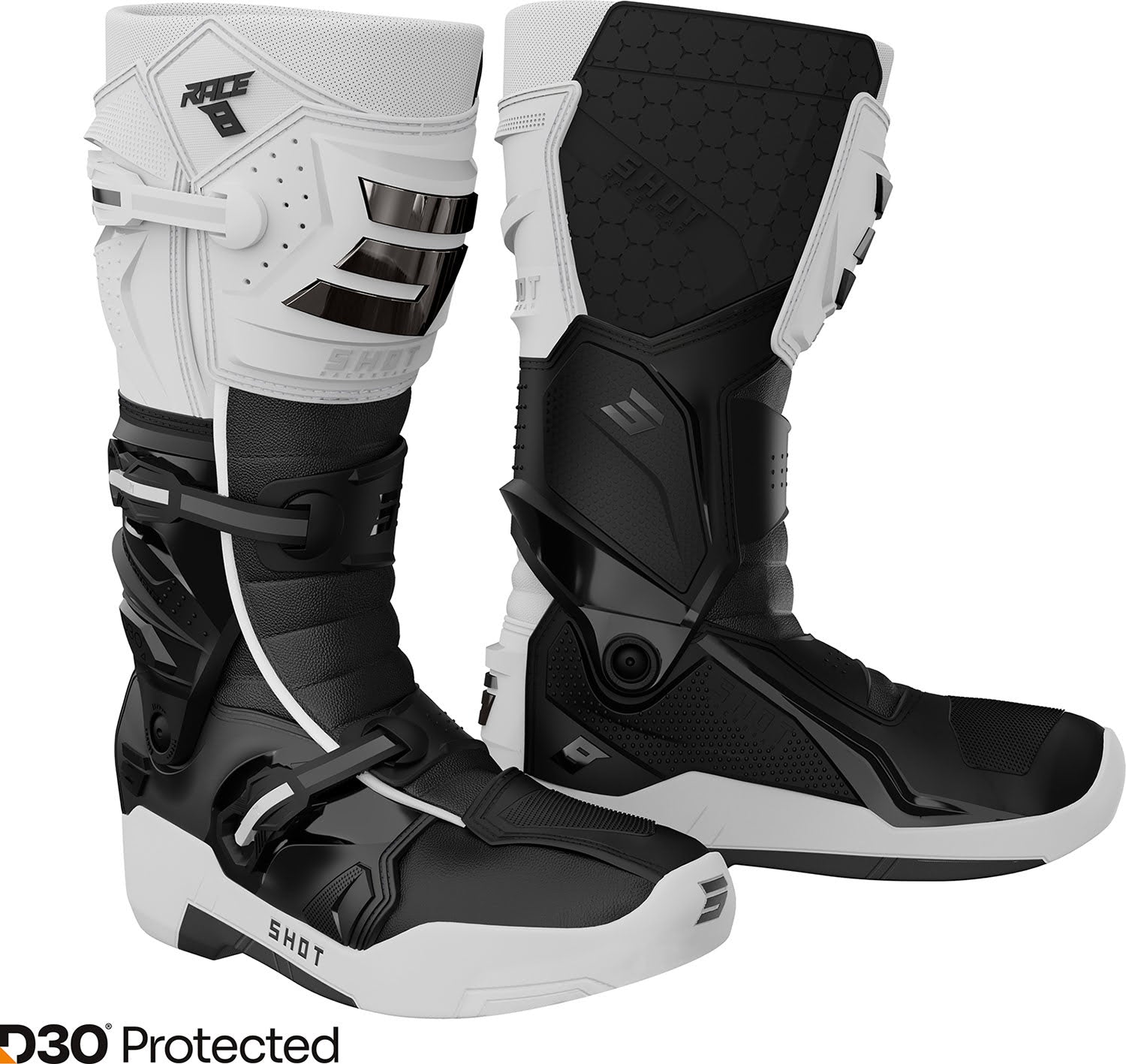 Botas RACE 8 Brancas / Pretas / Cromadas SHOT
