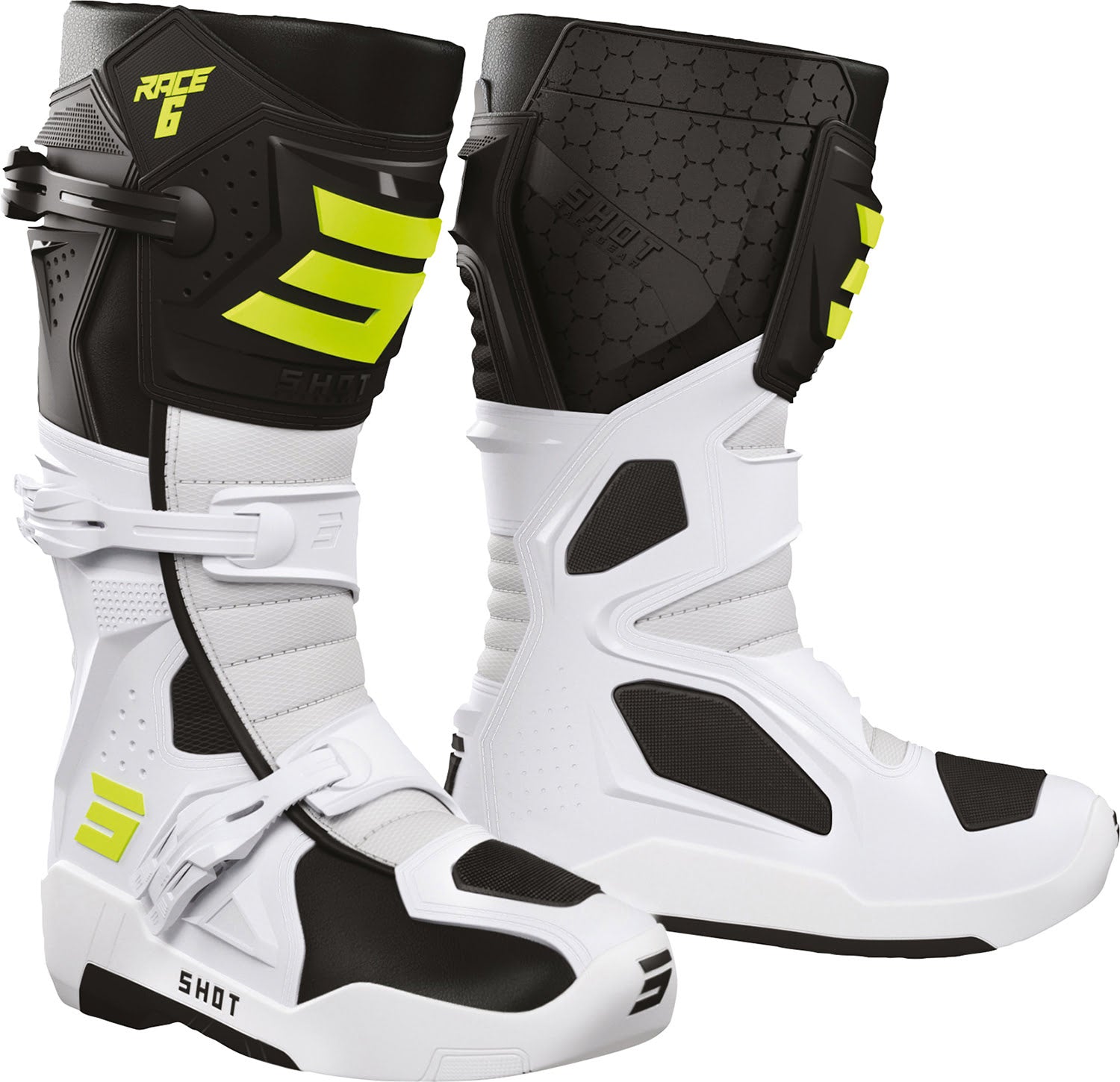 Botas RACE 6 Pretas / Brancas / Amarelas Neon SHOT